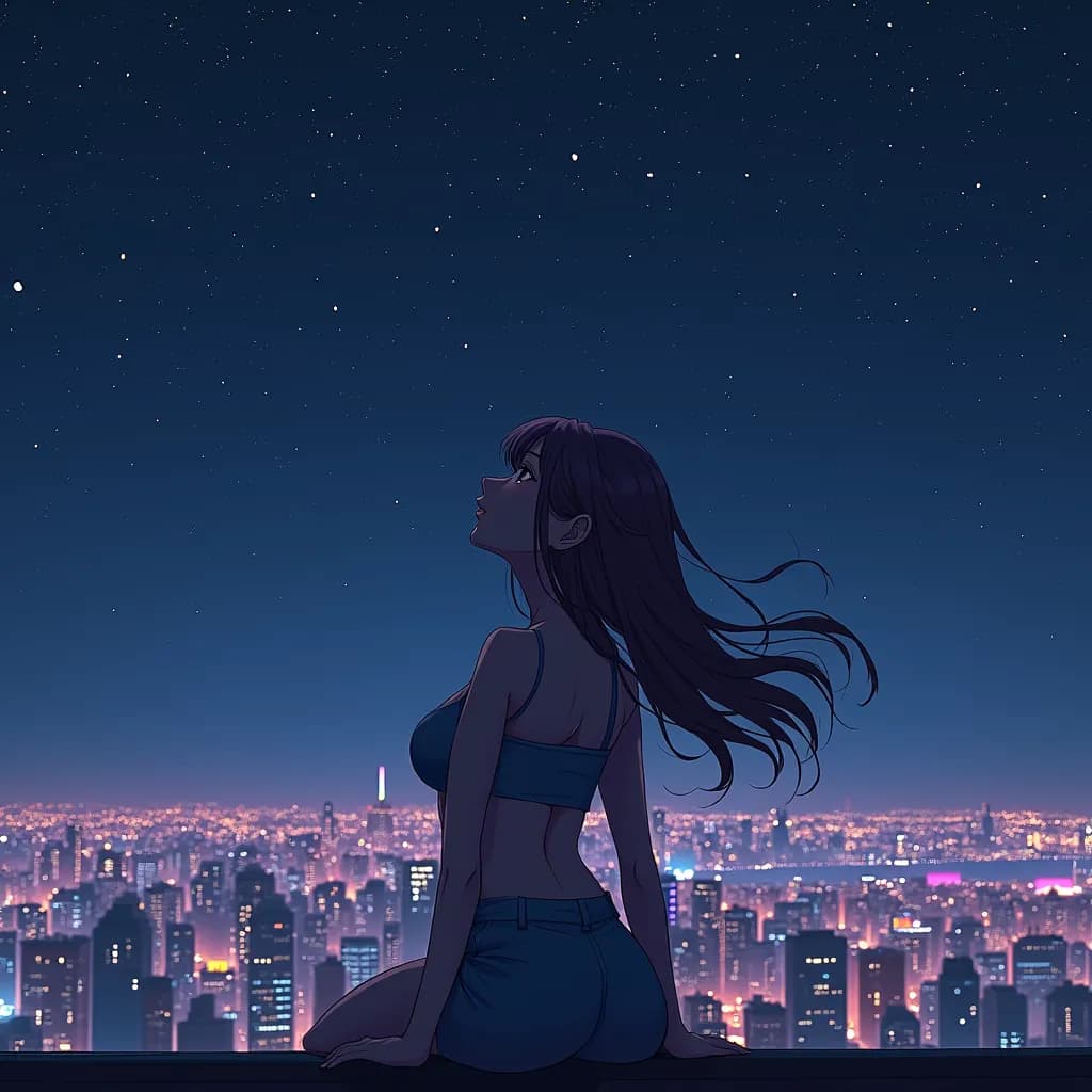 Anime character stargazing in the night